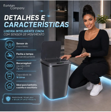 Lixeira Inteligente Automática Cinza com Sensor