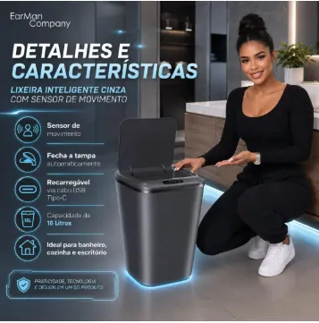 Lixeira Inteligente Automática Cinza com Sensor