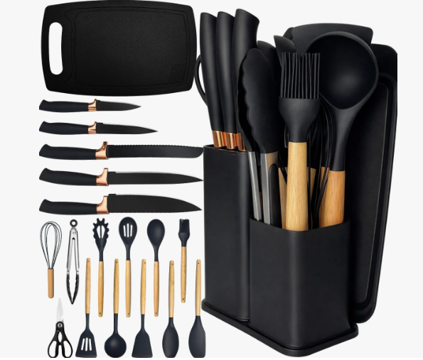 Kit Utensílios de Silicone com Cabo de Madeira e Facas Inox
